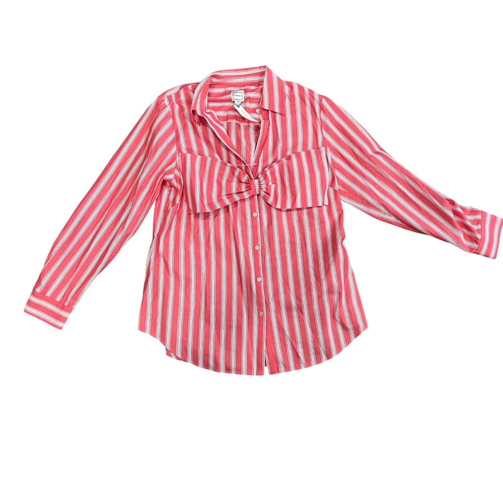 Maeve Anthropologie Red White Striped Bow Front Button Down Preppy NWT L